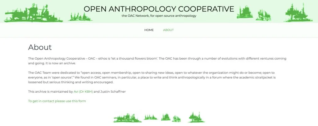 Open Anthropology Cooperative网站页面截图，顶部为绿色剪影装饰横幅，正文是关于该合作组织宗旨与团队的英文介绍