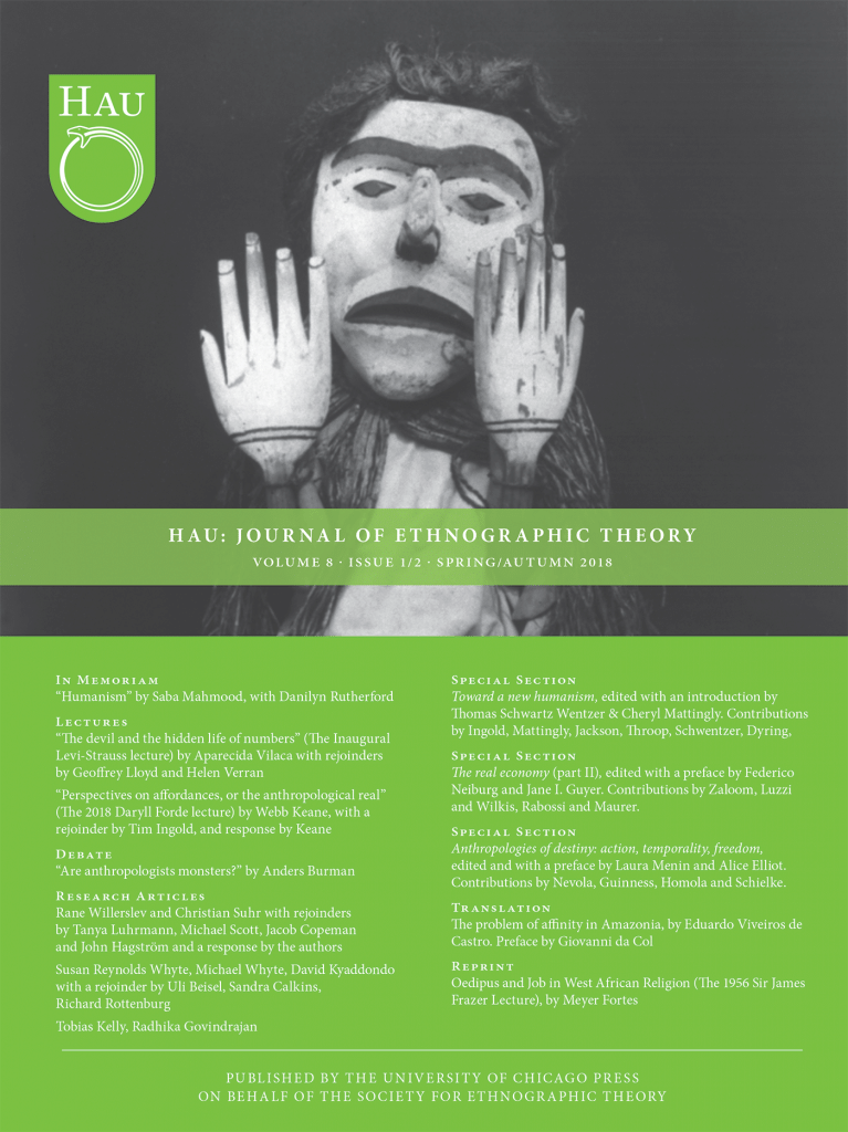 《HAU: Journal of Ethnographic Theory》2018年第8卷1/2期封面，左上角绿色HAU期刊标志，中部是一人以苍白双手掩面的黑白照片，下方列出本期目录文章标题，注明由芝加哥大学出版社代表民族志理论学会出版