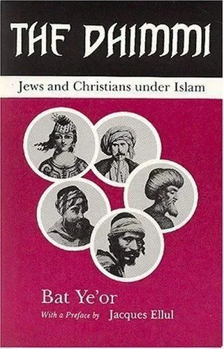 《The Dhimmi: Jews and Christians under Islam》书封,作者Bat Ye'or,Jacques Ellul作序,粉紫色底色上排列五幅戴头巾人物的圆形素描肖像