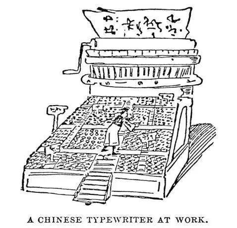 黑白线描漫画:中文打字机被画成如太和殿般的阶梯结构,一名打字员如蚂蚁般站在铺满方块字模的台阶上,顶部悬挂手写汉字横幅,图下方印有英文说明'A CHINESE TYPEWRITER AT WORK'(意为「运转中的中文打字机」)。