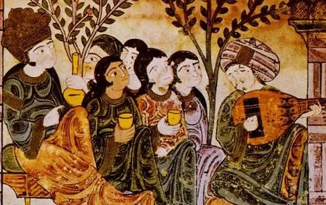 泥金手抄本图画,赭黄色调,树下一群头戴头巾的人物围坐饮酒交谈,右侧男子怀抱乌德琴弹奏。