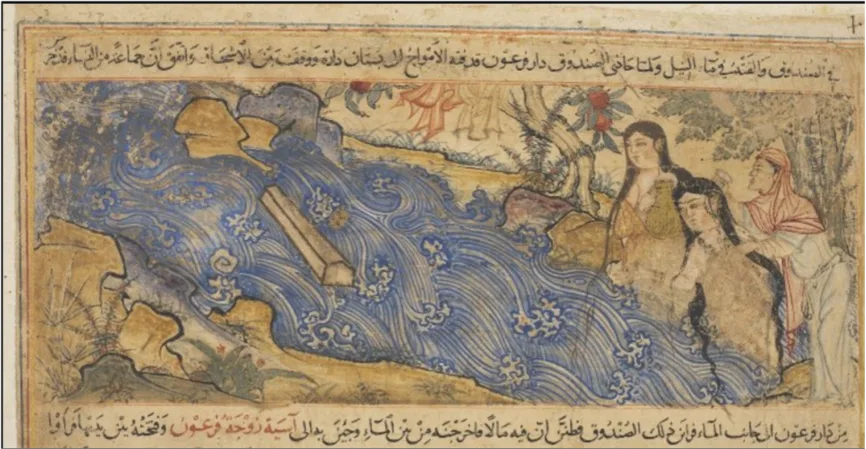 一幅古代细密画,蓝色水波中漂浮着一个木箱,岸边三名女子望向水面,画面四周环绕阿拉伯文手抄经文,描绘先知穆萨(摩西)被放入尼罗河的故事场景。