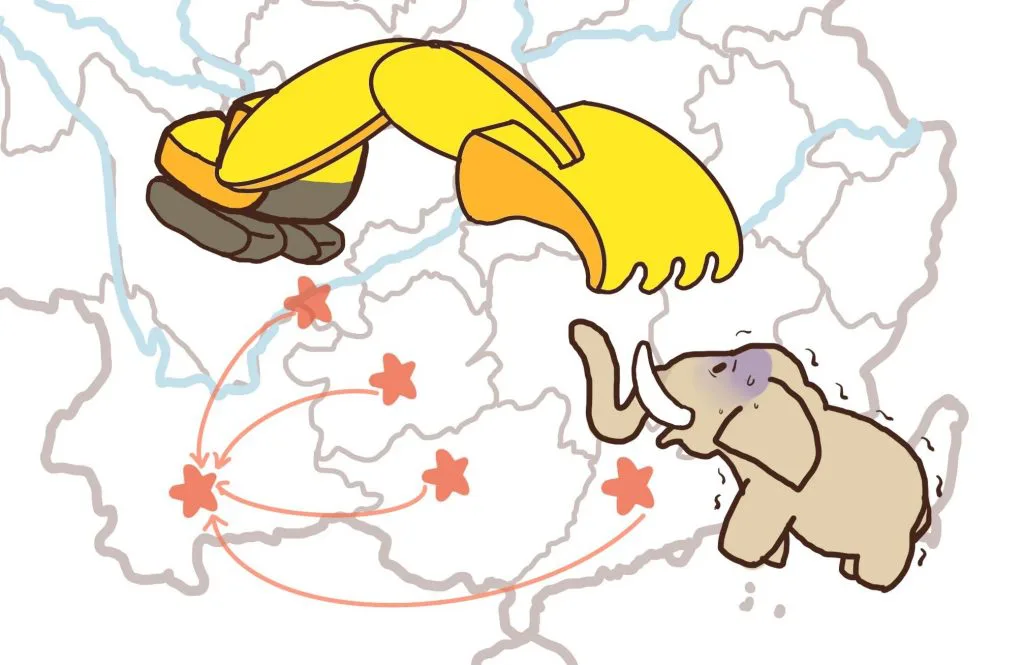 示意图:地图背景上,巨大的黄色机械爪悬在多个用箭头连线的红色星标之上,右侧一头大象流泪冒汗,暗示栖息地被破坏迫使象群出走。
