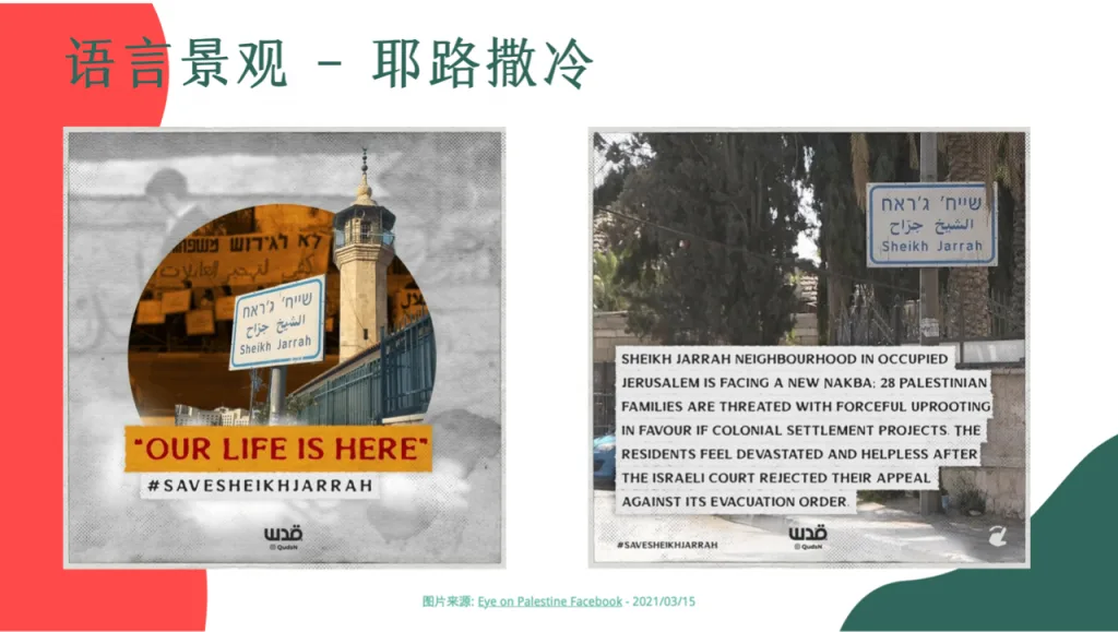 演讲幻灯片「语言景观-耶路撒冷」,左图为宣传海报,写着'Our Life Is Here' #SaveSheikhJarrah,配清真寺宣礼塔与三语路牌照片;右图为同主题宣传图,配文字说明谢赫·贾拉社区28个巴勒斯坦家庭面临驱逐。