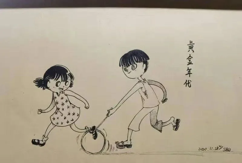钢笔画,标题“黄金年代”,一女孩和一男孩奔跑嬉戏,男孩手持木棍推滚一只铁环,女孩笑着跟随,落款日期2020.11.28。
