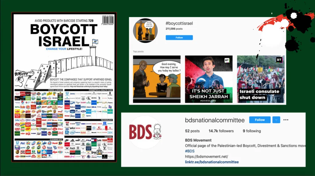 左图为「BOYCOTT ISRAEL」抵制以色列产品海报,列出多个国际品牌标志;右上为Instagram话题页#boycottisrael截图,展示相关帖子缩略图;右下为BDS Movement官方Instagram主页截图,显示粉丝数与简介。