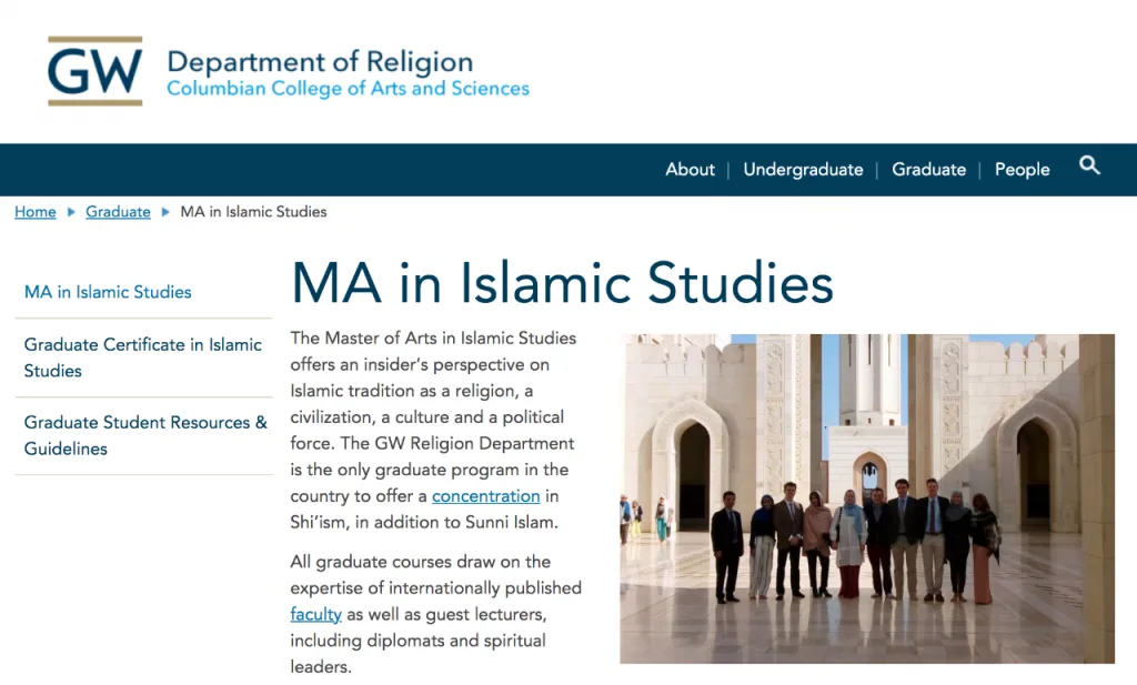 乔治·华盛顿大学宗教系网页截图,标题为MA in Islamic Studies,右侧配图为师生一行人站在装饰华丽的白色拱廊大厅中合影。