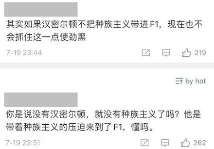 微博评论截图,两条各获219和262个赞的评论,用户名已打码,内容为对“汉密尔顿是否把种族主义带进F1”的针锋相对讨论。