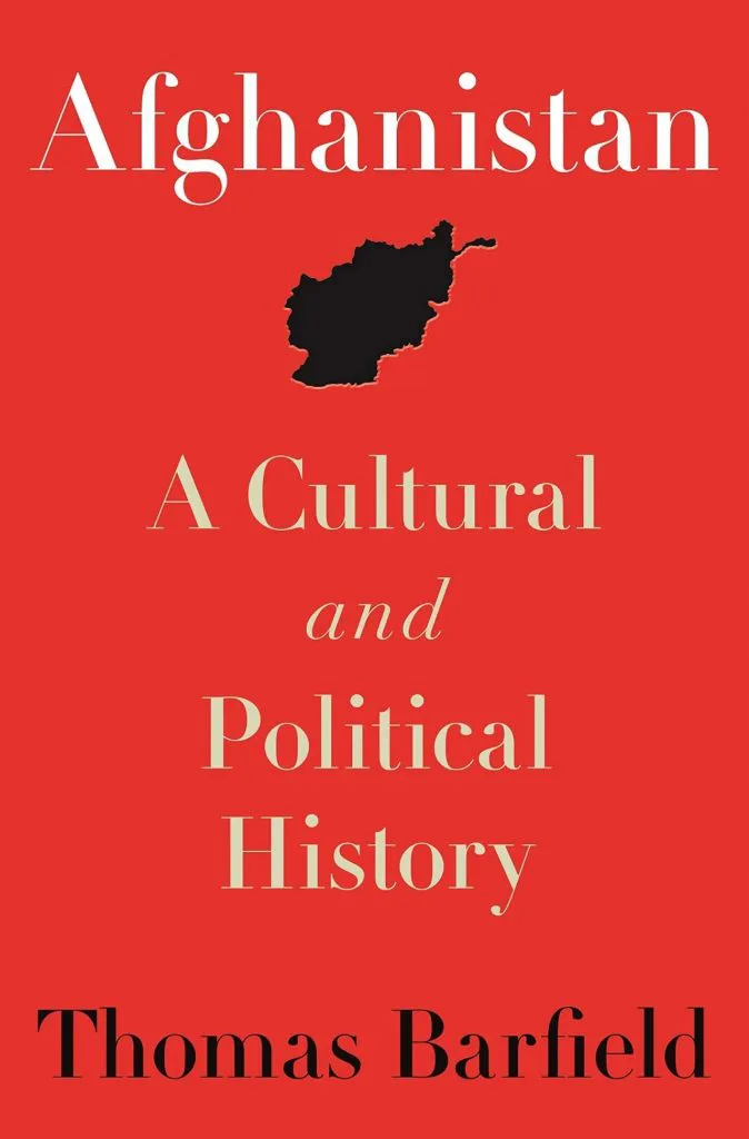 《阿富汗:一部文化与政治史》封面,红色底,中间是阿富汗国土轮廓的黑色剪影图,上下印有书名与作者托马斯·巴菲尔德。