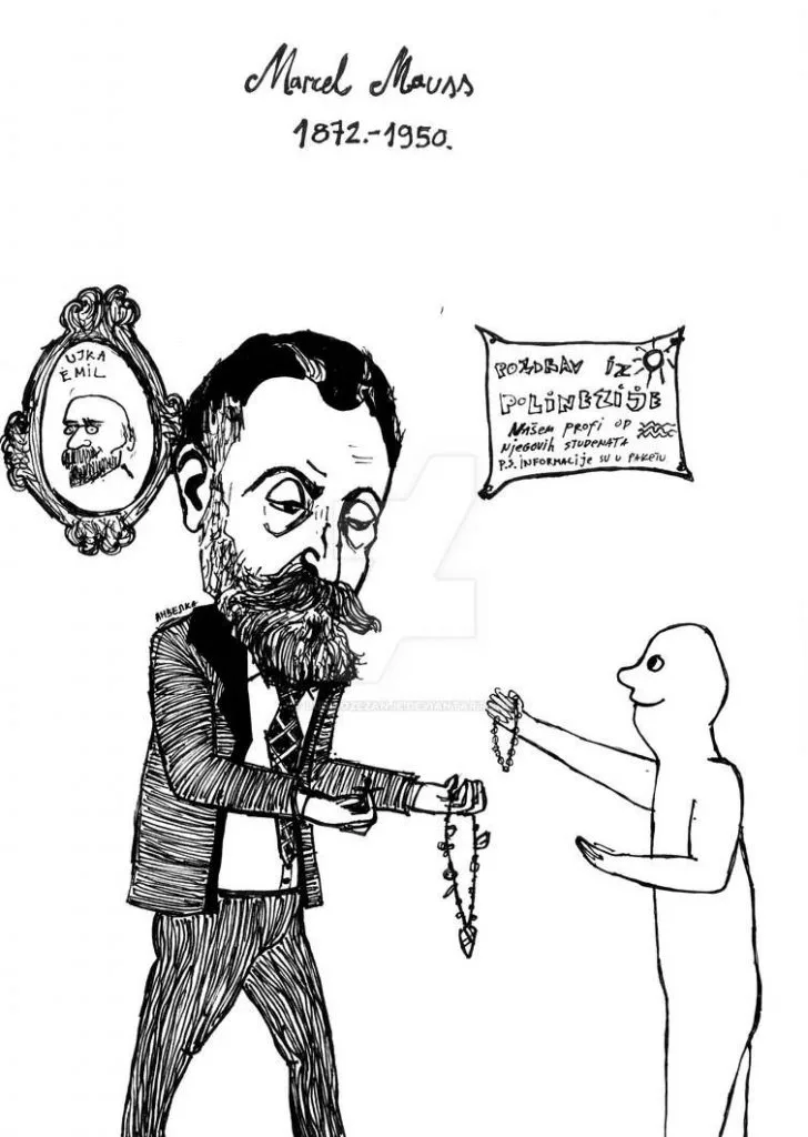 莫斯手绘漫画像，他正将一串项链状物品递给一个简笔勾画的人形，身后墙上挂着题为“UJKA EMIL”的椭圆肖像画，另有一张写有波利尼西亚问候语的明信片。