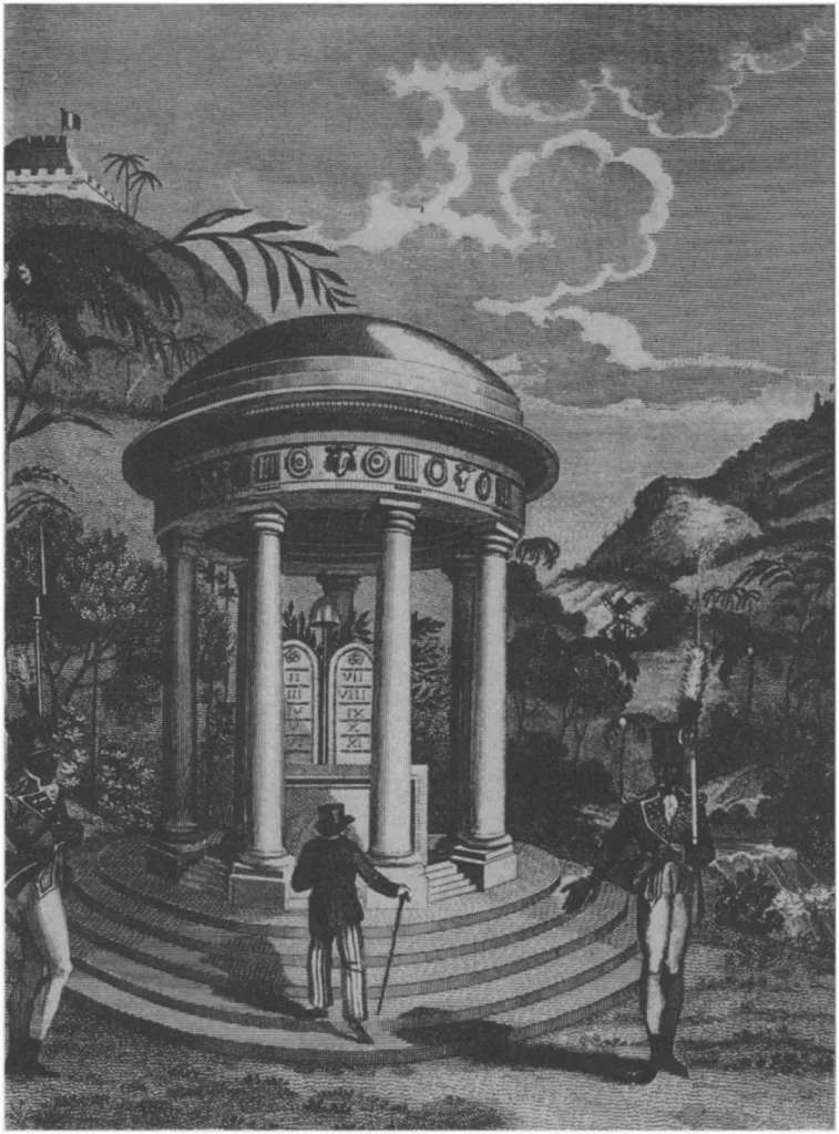 黑白版画,一座带穹顶和爱奥尼柱式的圆形古典神庙立于台阶之上,殿内刻有罗马数字铭牌,一位戴礼帽、拄手杖的绅士站在台阶前,两侧各有一名持枪士兵守卫,背景是热带山丘与棕榈树。