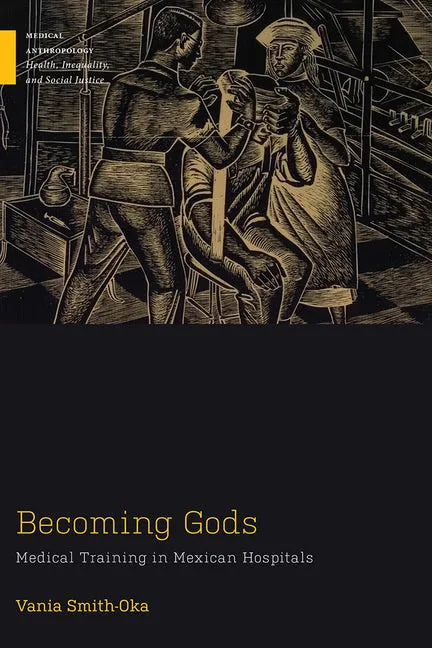 《成为神明》封面,黑金配色的木刻版画,画面是一名医生为坐着的病人检查诊治,下方印有书名与作者瓦尼亚·史密斯-奥卡。