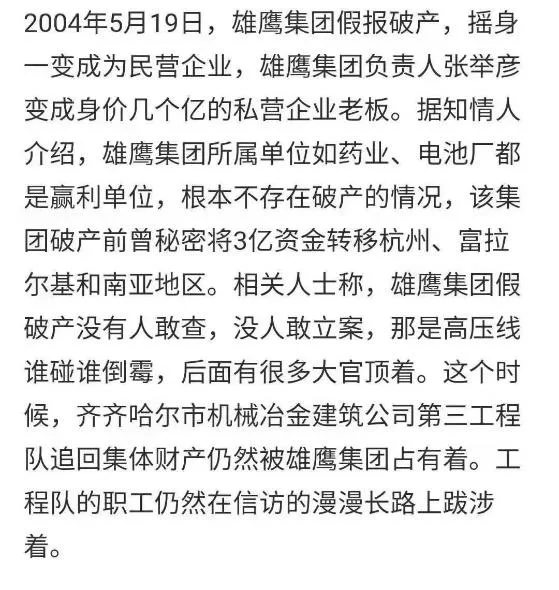 网络举报文字截图，内容称雄鹰集团2004年假报破产转为民营企业，负责人张举彦借此成为身价数亿的私营企业主，其下属药业、电池厂等实为盈利单位，破产前曾秘密转移3亿元资金，举报后无人敢查处，齐齐哈尔机械冶金建筑公司第三工程队被占用的集体财产未能追回。