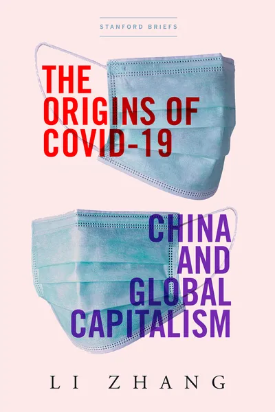 《新冠起源》封面,粉色底上并排两只蓝色医用口罩图案,书名以红色和紫色字体分层排列,作者张丽署名于底部。