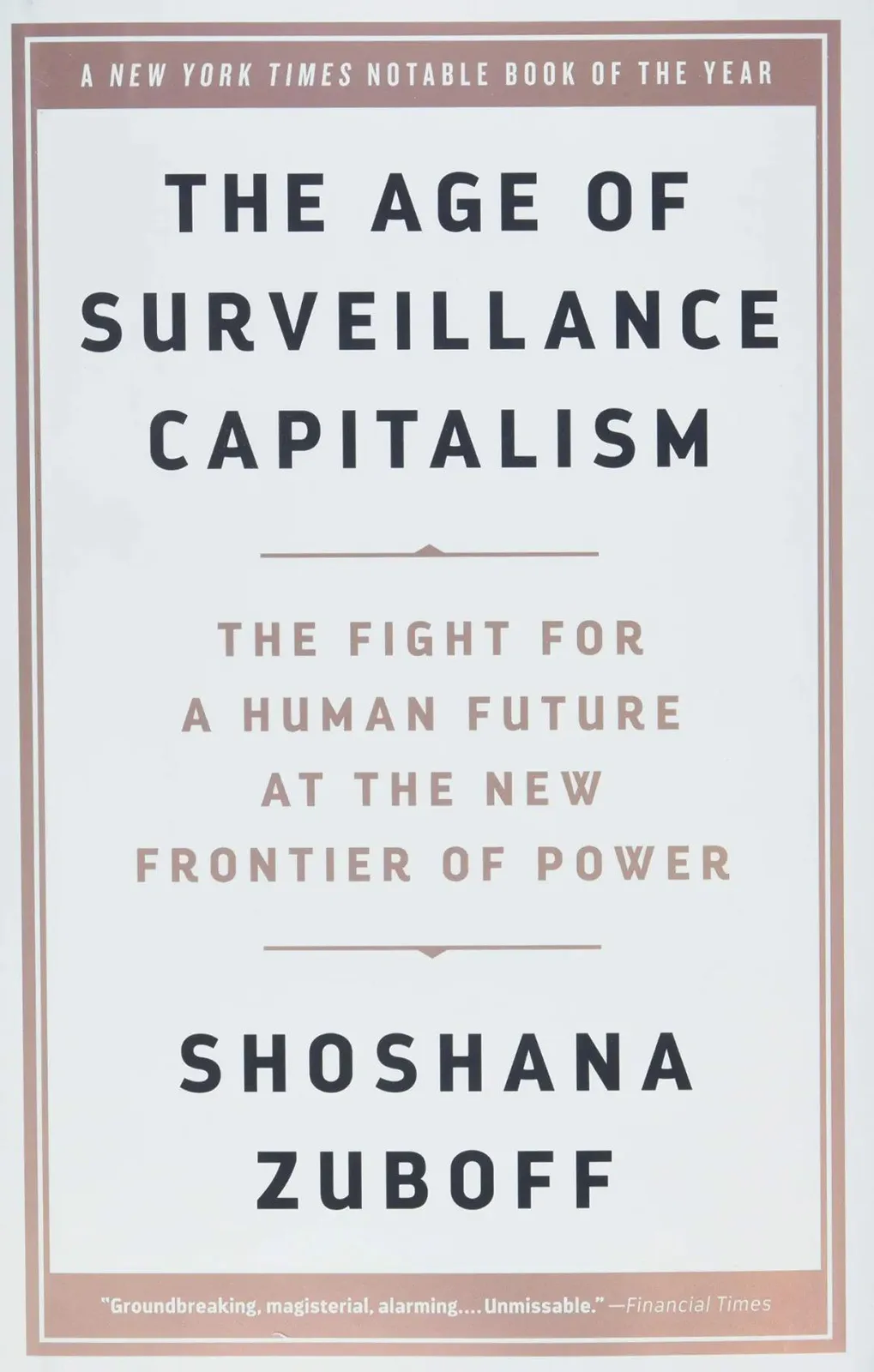 书影，米白色封面配棕红色边框，书名下方是副标题「THE FIGHT FOR A HUMAN FUTURE AT THE NEW FRONTIER OF POWER」，顶部标注纽约时报年度值得关注图书，底部印有媒体推荐语。