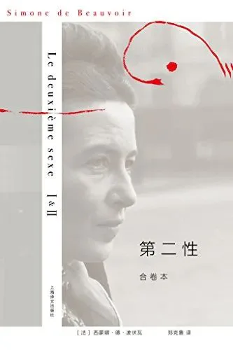 《第二性》合卷本封面，黑白波伏娃肖像照，右上角以红色笔触勾勒的图案点缀。