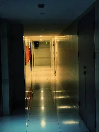 昏暗狭长的走廊向纵深延伸,两侧是紧闭的门,地面反射着暖黄色灯光,尽头光线渐暗。