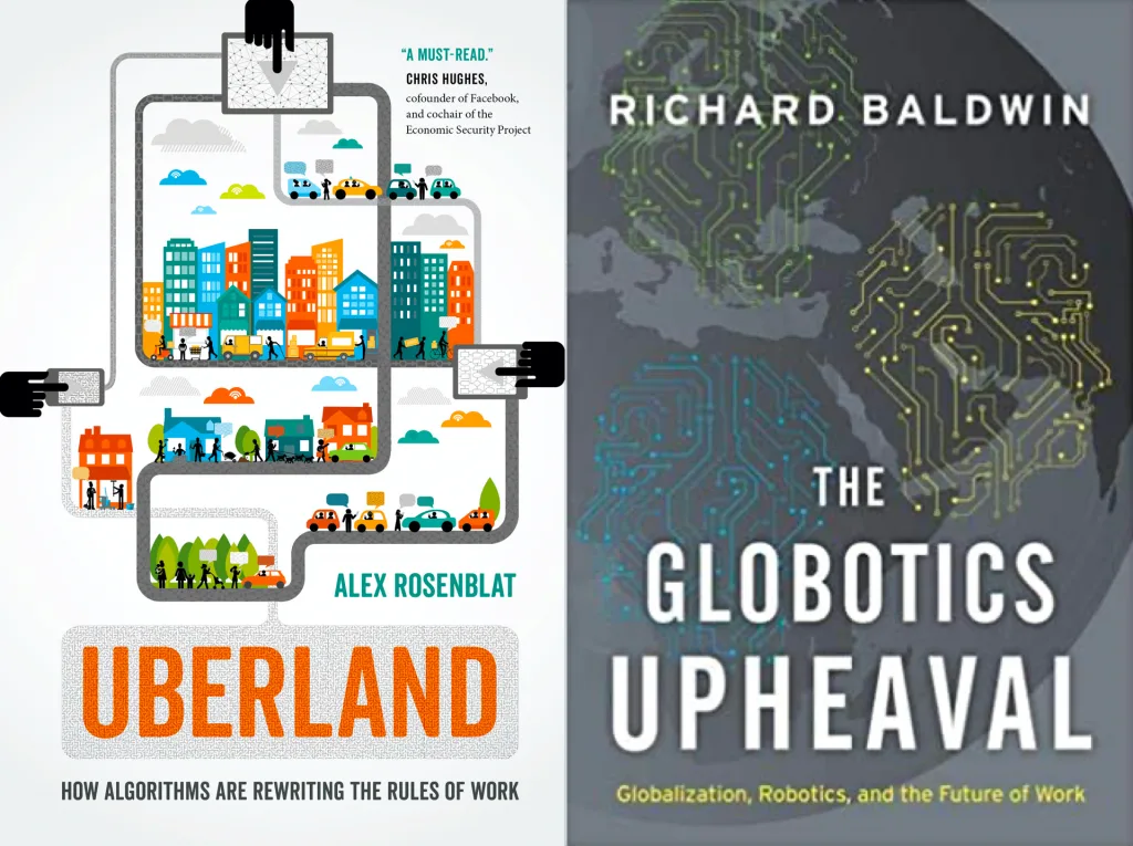 两张书封:彩色插画风格描绘城市与快递员的《Uberland: How Algorithms Are Rewriting the Rules of Work》,及深色地球电路图案的《The Globotics Upheaval: Globalisation, Robotics and the Future of Work》。