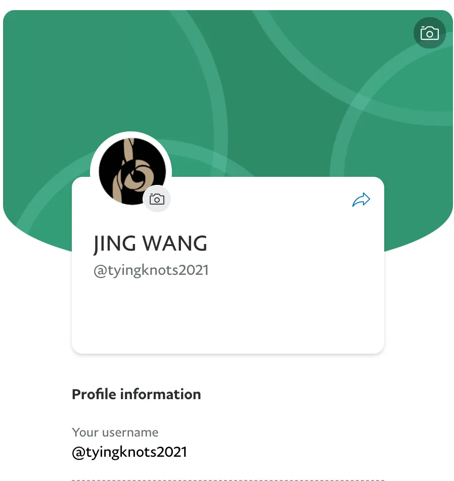 PayPal 账户资料页面截图,显示账户名“JING WANG”、用户名“@tyingknots2021”,下方为“Profile information”设置区域。