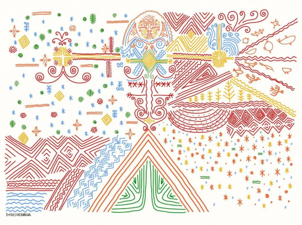 彩色线描插画,画面中央是一个对称的人形图案,周围环绕波浪、山形、星点、锯齿纹等几何符号,右侧点缀小型动物图形,以红、黄、蓝、绿线条绘成。