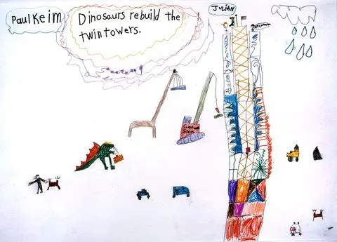 儿童蜡笔画，上方文字写着'Dinosaurs rebuild the twin towers'（恐龙重建双子塔），画面描绘恐龙、双子塔建筑结构、起重机及人物、动物的稚拙涂鸦，角落还有落雨和小人物形象。