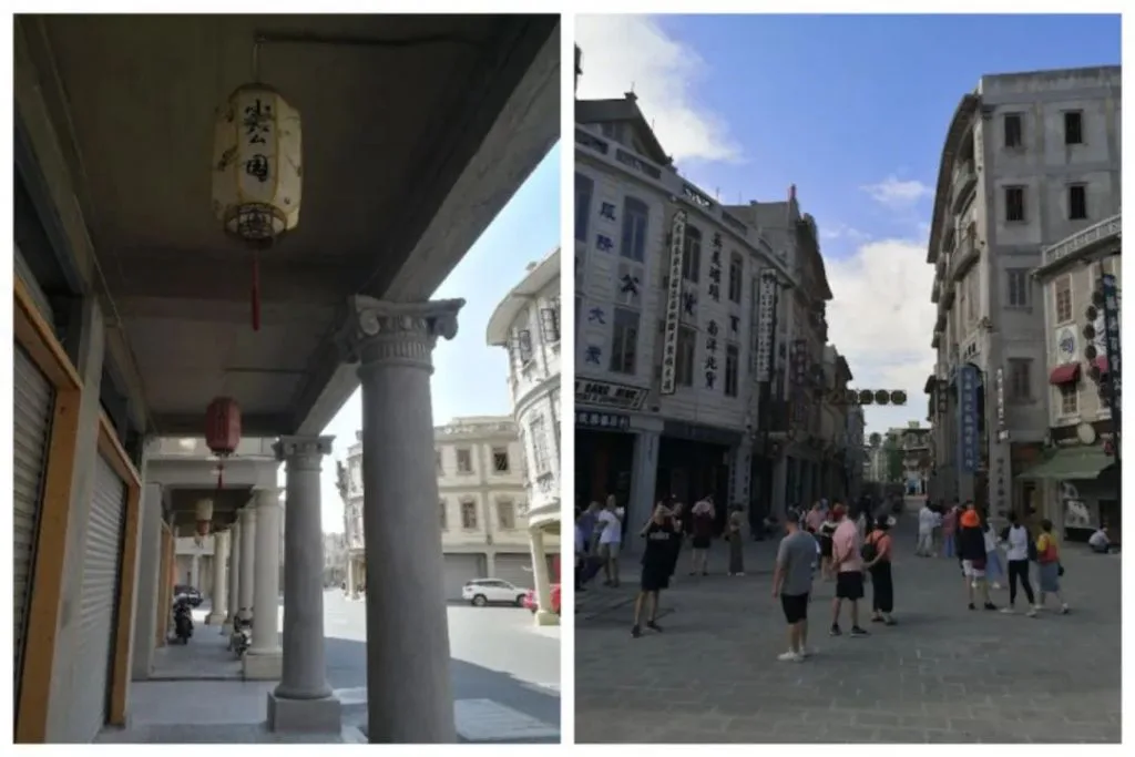 左图是骑楼柱廊,廊下悬挂着写有“小公园”字样的红灯笼;右图是一条老式骑楼夹峙的步行街,游客三两成群走在其中。