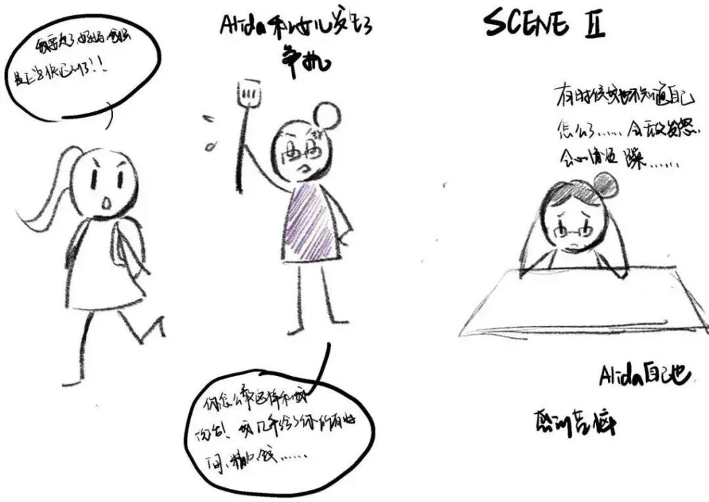 手绘三格漫画草图:第一格一名扎马尾女孩边走边说话;第二格Alida举着道具与女儿争执;第三格标注SCENE II,Alida独自伏在桌前,配有手写对话文字。