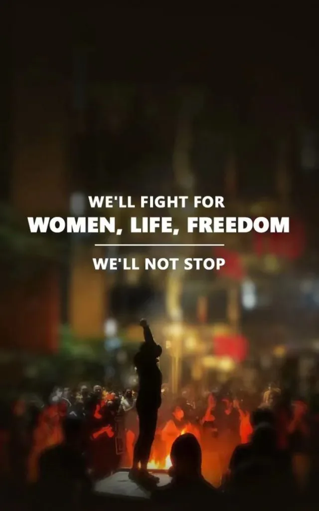 夜间抗议现场,一人站在人群中高举拳头剪影,身后火光与人群涌动;图上叠加英文文字:“WE'LL FIGHT FOR WOMEN, LIFE, FREEDOM / WE'LL NOT STOP”。