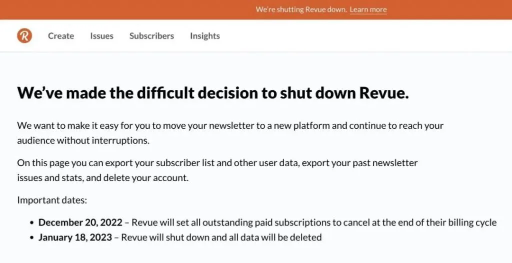Revue官网英文停运公告截图,标题「We've made the difficult decision to shut down Revue」,注明12月20日起付费订阅将到期取消