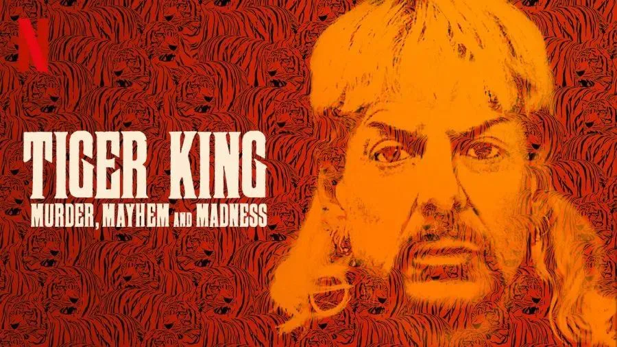 Netflix纪录片《虎王》（Tiger King: Murder, Mayhem and Madness）海报，橙红色背景布满老虎纹样，主角乔·异风（Joe Exotic）的脸部特写叠印其上。