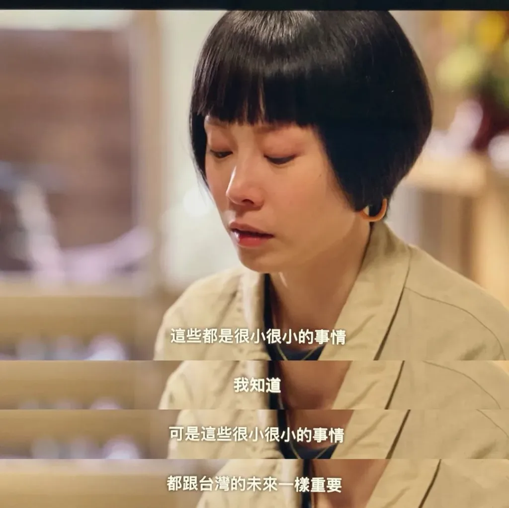 剧照配字幕：短发女子低头若有所思，字幕写着'這些都是很小很小的事情，我知道，可是這些很小很小的事情，都跟台灣的未來一樣重要'。