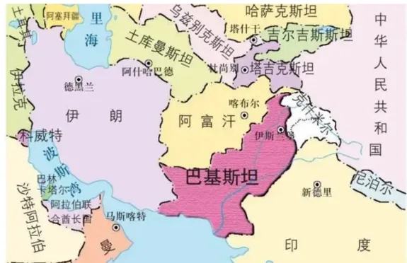 南亚与中亚地区地图，按国界分色标注，巴基斯坦以粉红色突出显示，周边标有伊朗、阿富汗、印度、中国等国名