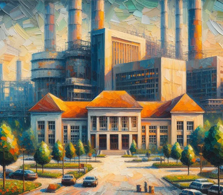 橙黄色调的油画风格图像:前景是一栋白墙橘顶的L形小楼,背后矗立着多根高耸烟囱和厂房建筑,画面整体色彩浓烈,笔触厚重。