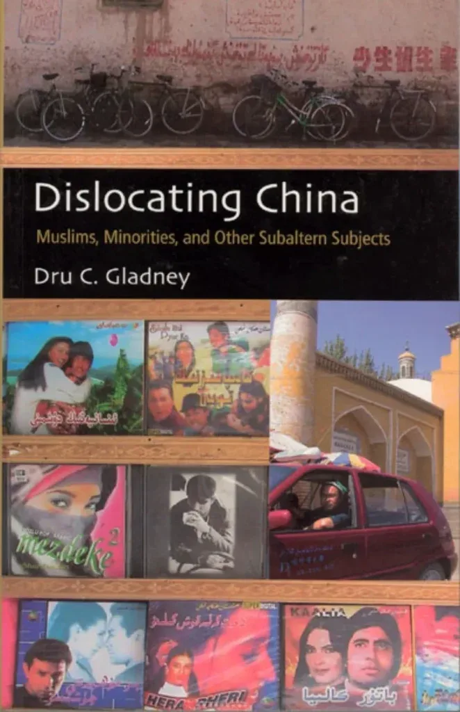 封面上方是靠墙停放的自行车与中阿文标语墙,中段黑底印书名与作者名,下方并排多张中亚风格影视海报、清真寺建筑及肖像照片拼贴。