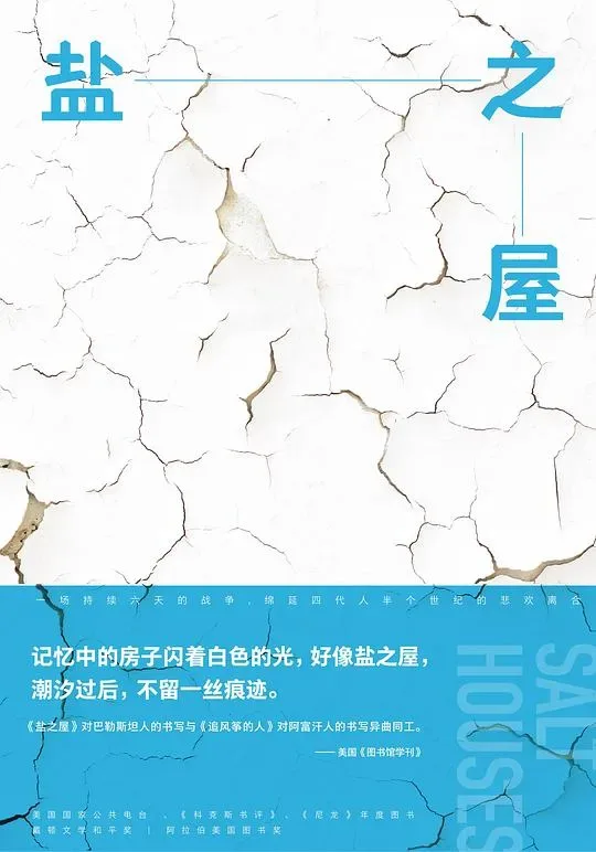 封面主视觉为龟裂的白色土地纹理，下方蓝底印着推荐语「记忆中的房子闪着白色的光，好像盐之屋，潮汐过后，不留一丝痕迹」及多家媒体推荐语