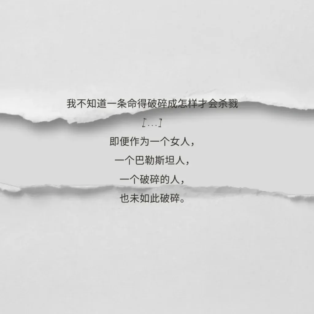 撕裂纸张纹理背景上的诗句：我不知道一条命得破碎成怎样才会杀戮［…］即便作为一个女人，一个巴勒斯坦人，一个破碎的人，也未如此破碎。