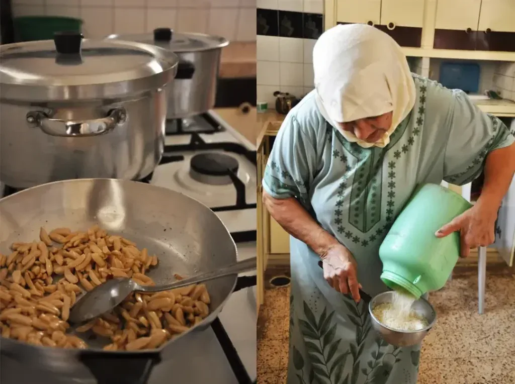 拼接图：左侧炉灶上放着几个锅，平底锅里正炒着坚果状食材；右侧哈尼妈妈把绿色罐子里的米倒入钢碗中。