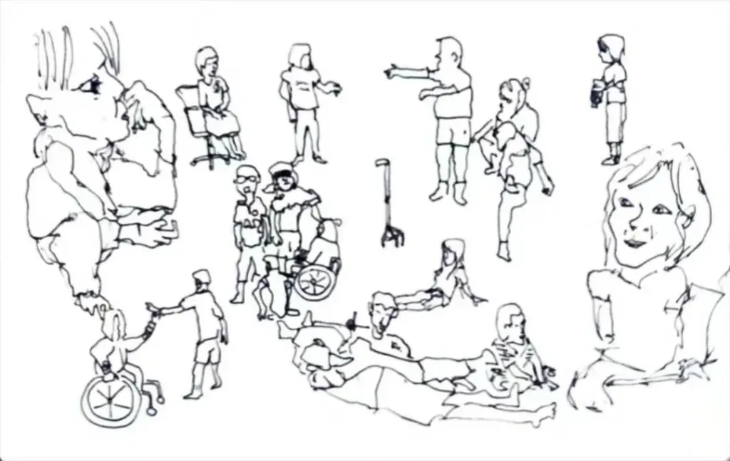 手绘线描画,画面中有轮椅使用者、坐姿与仰卧的舞者相互伸手触碰,一旁立着一副拐杖,右下角是一张头像特写。