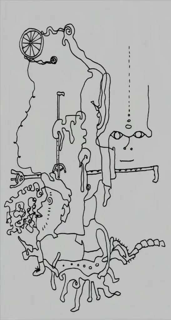 丸仔的抽象线描画,画面左上角有一个轮椅车轮,中间竖着一副拐杖,右侧是一张简化的人脸轮廓,其余部分由蜿蜒缠绕的抽象线条构成。