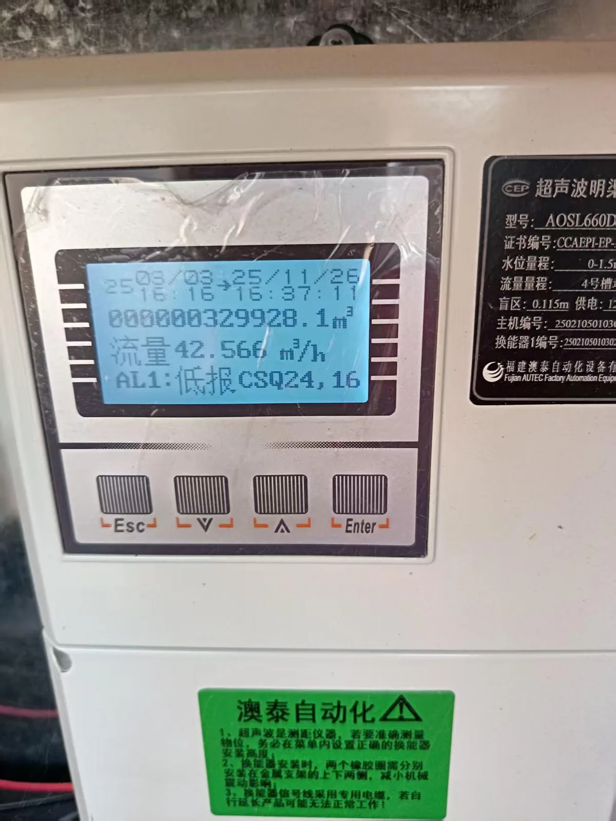一台超声波流量计的液晶显示屏，显示日期时间、累计流量00000329928.1立方米、瞬时流量42.566立方米每小时等监测数据。