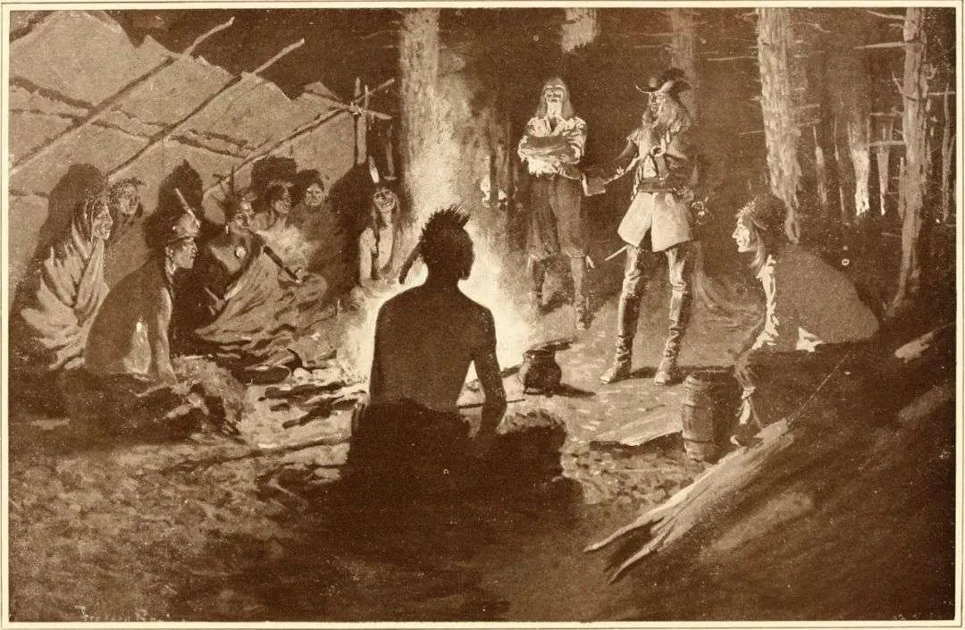 一幅棕褐色调的历史版画，篝火旁一位原住民人物背对镜头站立发言，周围坐着多位原住民与身着欧式服装的人物，场景位于林间营地帐篷前。