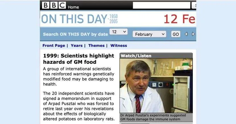 BBC网站「On This Day」页面截图，标题为「1999: Scientists highlight hazards of GM food」，正文称20名国际科学家联署支持因转基因土豆研究被迫退休的普兹泰；右侧配有普兹泰在实验室接受采访的照片。