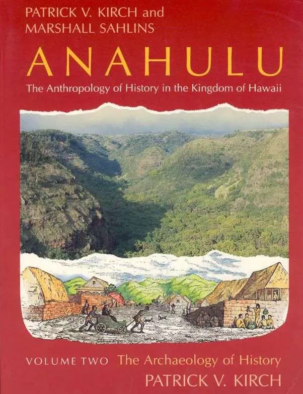 红色封面的书籍《Anahulu: The Anthropology of History in the Kingdom of Hawaii》第二卷，封面中央是手绘风格的夏威夷山谷与传统聚落插画。